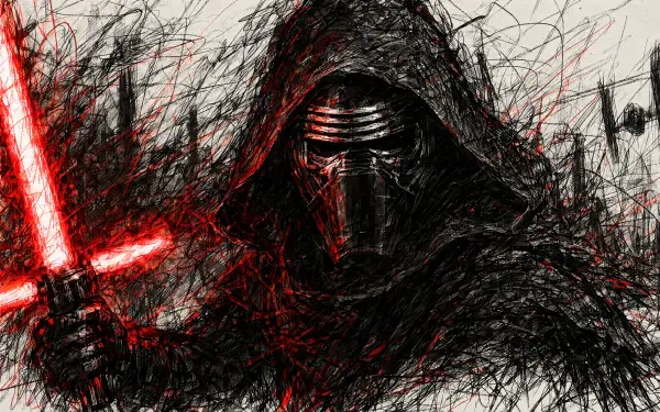 Kylo Ren wielding a red lightsaber in a dark, sketch-style Star Wars scene, 4K Ultra HD PC desktop wallpaper and background.