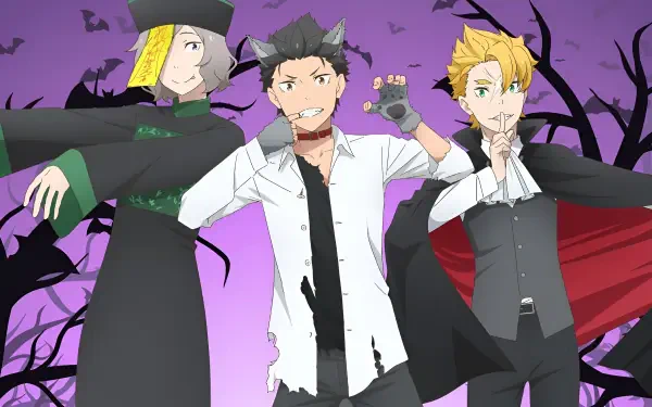 Re:Zero HD PC desktop wallpaper featuring Otto Suwen, Subaru Natsuki, and Garfiel Tinsel against a purple, spooky backdrop.