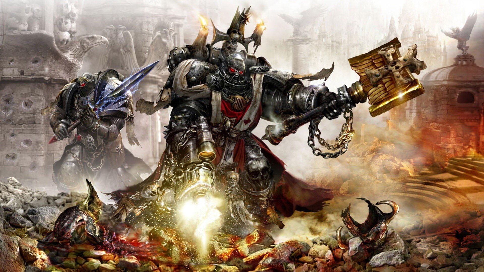 HD PC desktop wallpaper featuring intense Warhammer video game characters locked in battle with detailed armor and powerful weapons amid a fiery, chaotic battlefield.