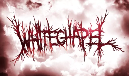 HD PC desktop wallpaper/background: WhiteChapel music logo shaped from thorny red branches set against a dramatic, cloud-filled sky.