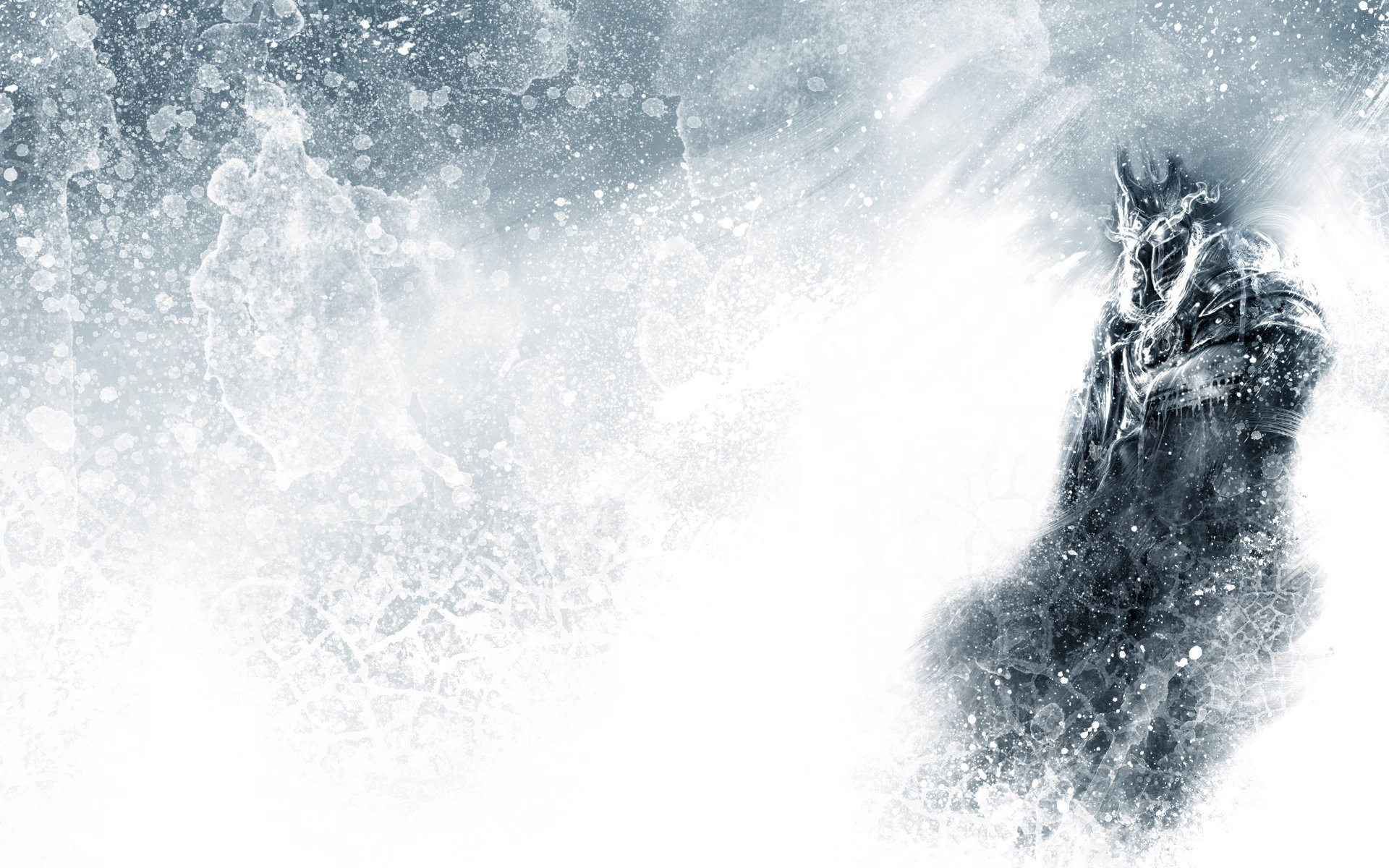 Fantasy-themed HD PC desktop wallpaper featuring a mysterious, shadowy armored figure emerging from a swirling, icy mist background.