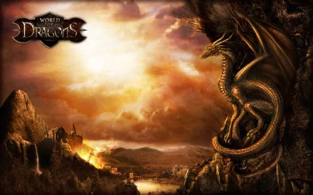 HD PC desktop wallpaper/background for the video game World Of Dragons — a coiled golden dragon on a cliff overlooking a fiery valley and distant castle beneath a stormy sunset.