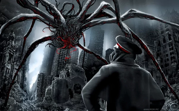 A dramatic HD desktop wallpaper from the comic Romantically Apocalyptic, featuring a figure confronting a monstrous spider amidst a post-apocalyptic cityscape.