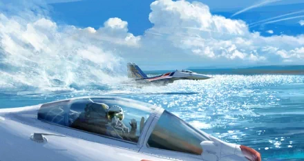 HD PC desktop wallpaper showing military aircraft flying low over a sparkling ocean under a bright blue sky with clouds.