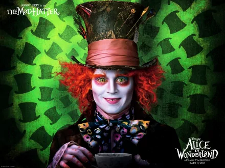 The Mad Hatter, portrayed by Johnny Depp, is featured in this vibrant HD wallpaper from the 2010 movie Alice in Wonderland, set against a whimsical green backdrop.