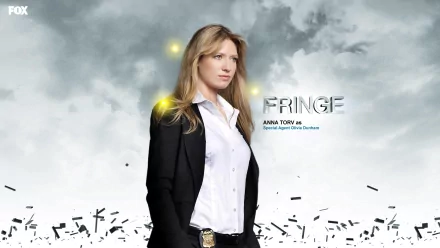 HD PC desktop wallpaper featuring Anna Torv as Olivia Dunham from the TV show Fringe against a cloudy gray background with floating particles.