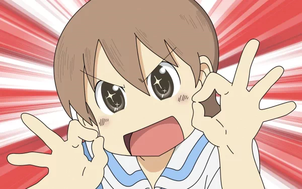 A vibrant 4K Ultra HD wallpaper featuring Yuuko Aioi from the anime Nichijō, showcasing her expressive excitement with sparkling eyes and a playful gesture.
