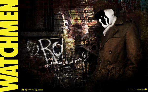 HD PC desktop wallpaper featuring Rorschach from the Watchmen movie, set against a dark, graffiti-covered urban background.