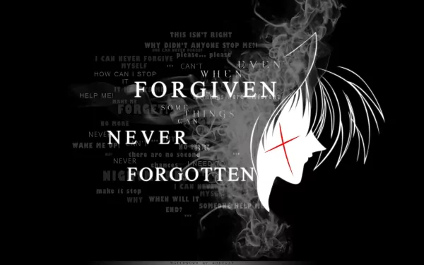 HD wallpaper featuring Rurouni Kenshin with the text Forgiven Never Forgotten overlaid on a dark background with ethereal smoke and subtle script.