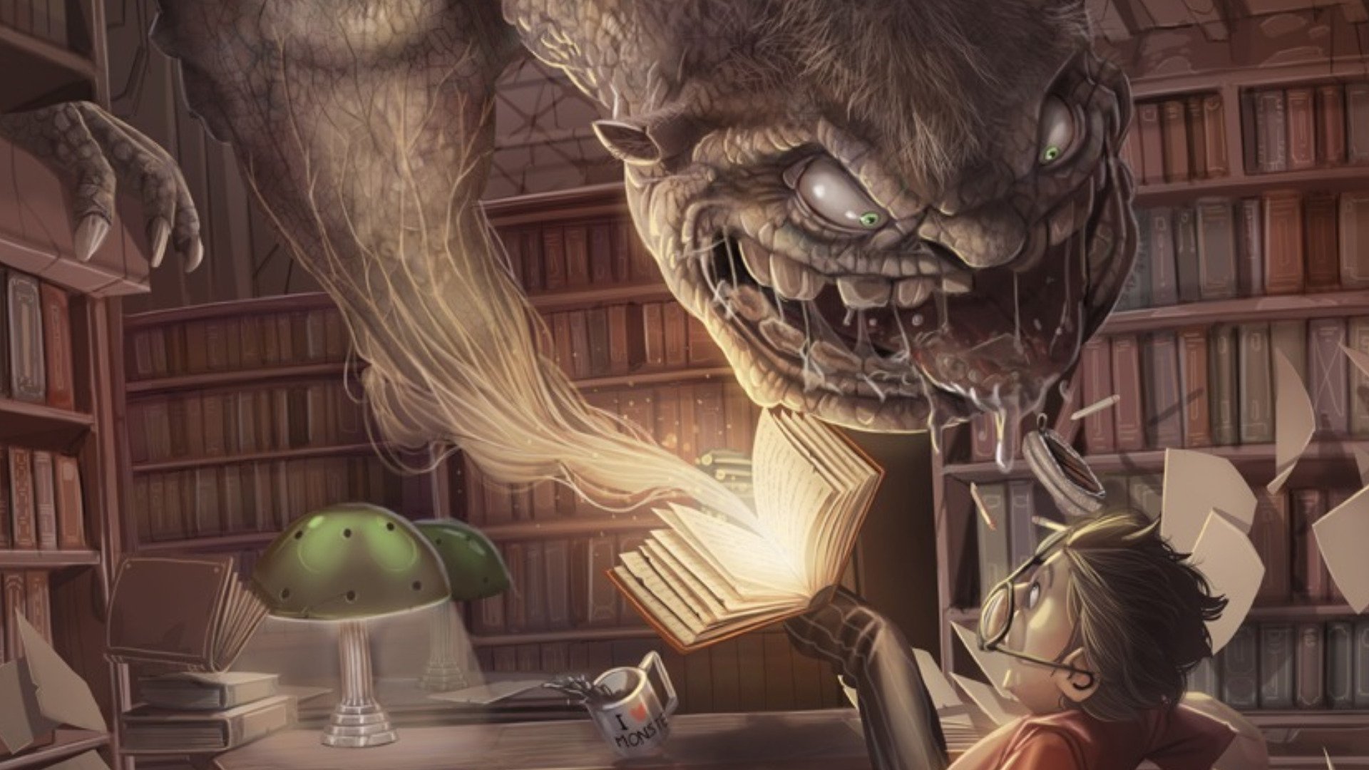 A fantasy creature looms menacingly over a young reader in a magical library, illuminated by the glowing book in their hands. This HD wallpaper captures an enchanting and mystical atmosphere.
