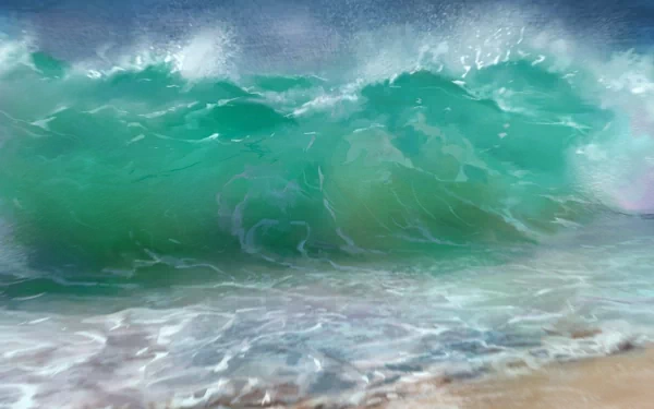 A vibrant wave crashes against the shore, showcasing the beauty of nature in rich turquoise and foamy white hues. This HD image serves as a stunning desktop wallpaper.