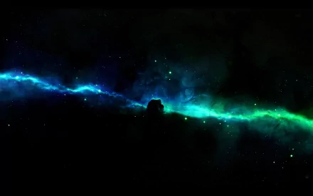 HD sci-fi desktop wallpaper featuring a vibrant nebula with glowing blue and green hues against the dark expanse of space.