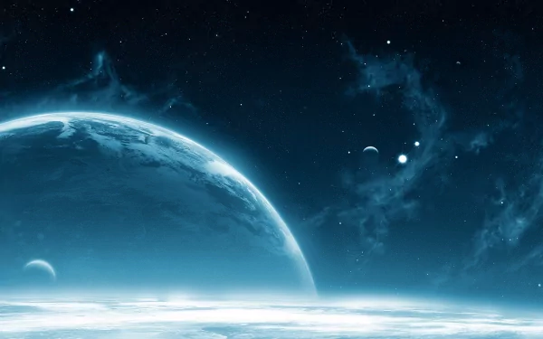 HD Sci-Fi desktop wallpaper depicting a majestic planet rise over an icy landscape in space, with a starry background and two distant celestial bodies.