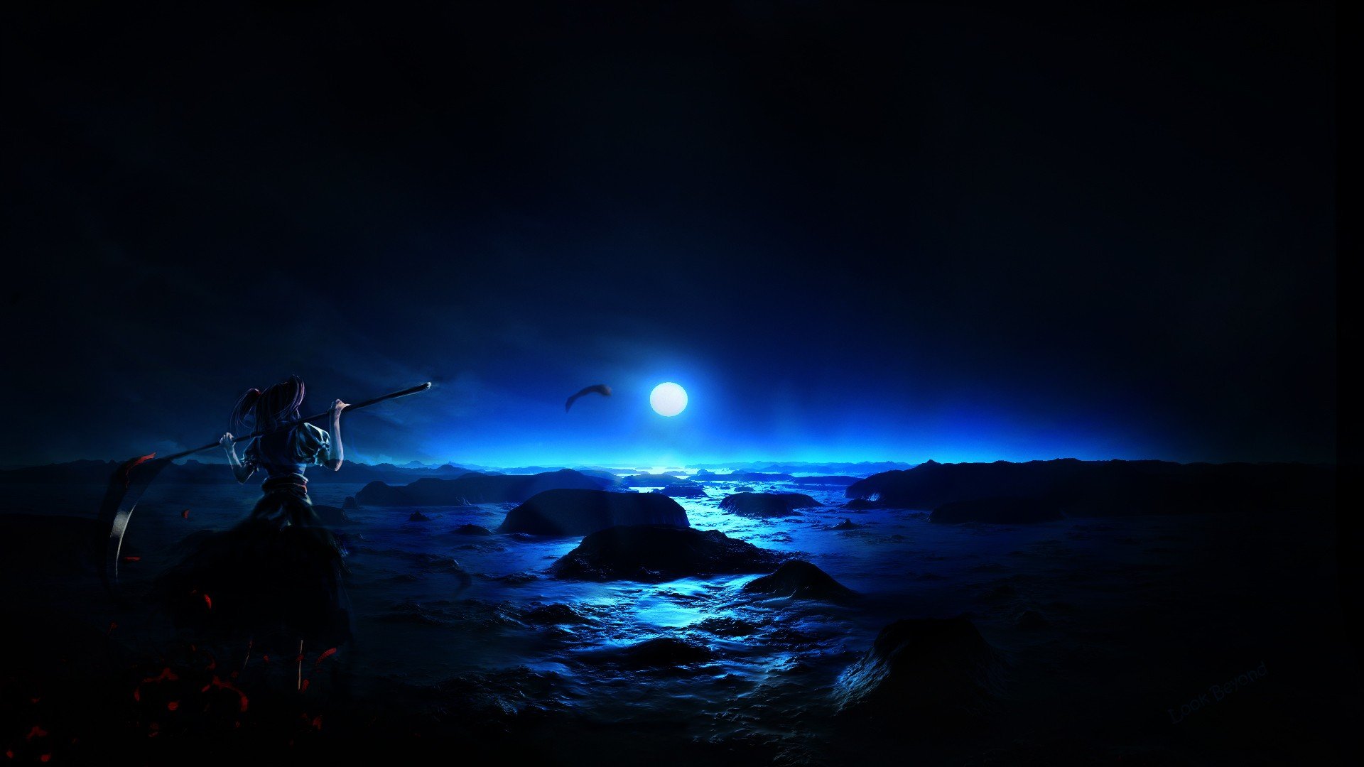 A striking fantasy scene featuring a women warrior on a rocky shore under a glowing blue moon, creating an immersive and captivating HD desktop wallpaper.