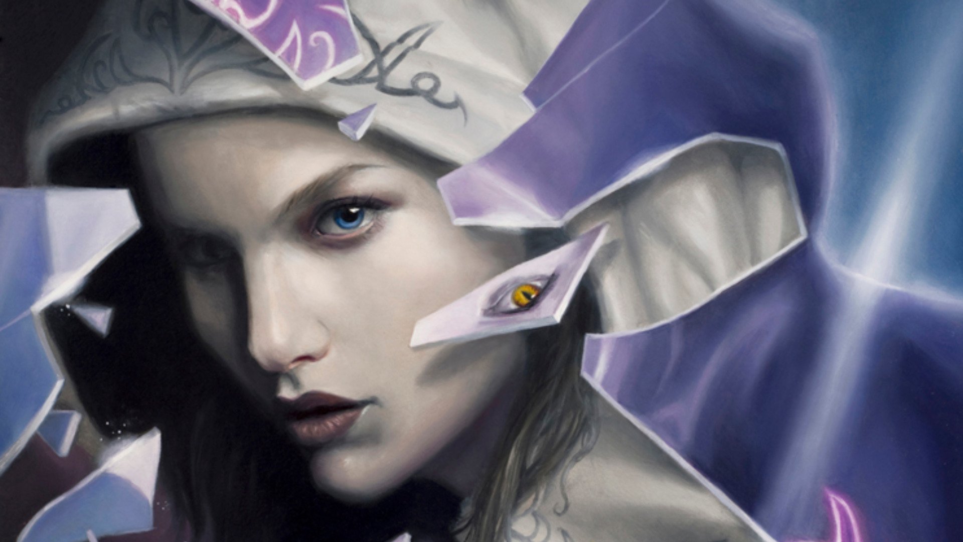 Artistic portrait of a mysterious woman in a hood, fragments of paper and purple light swirling around her — HD PC desktop wallpaper/background.