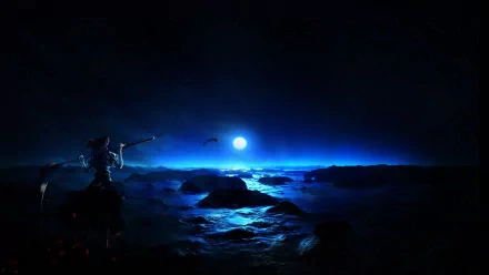 A striking fantasy scene featuring a women warrior on a rocky shore under a glowing blue moon, creating an immersive and captivating HD desktop wallpaper.