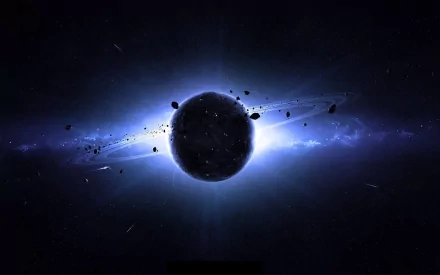 HD sci-fi desktop wallpaper featuring a dark planet surrounded by a glowing planetary ring and floating asteroids against a cosmic blue background.