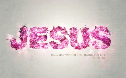 HD desktop wallpaper featuring the name Jesus in vibrant, pink, electric-like lettering with a Bible quote from John 14:6, He is the way, the truth, and the life, set against a light background.