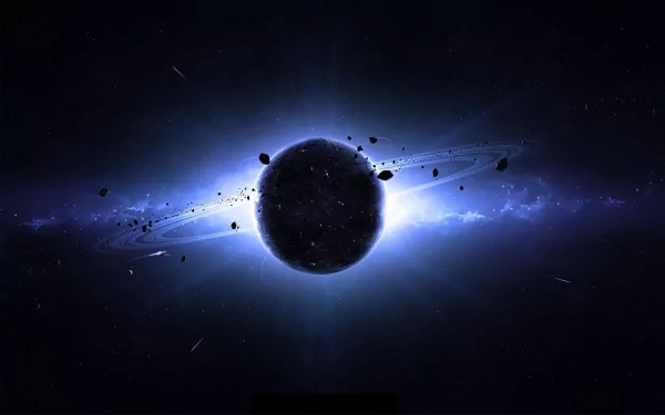 HD sci-fi desktop wallpaper featuring a dark planet surrounded by a glowing planetary ring and floating asteroids against a cosmic blue background.