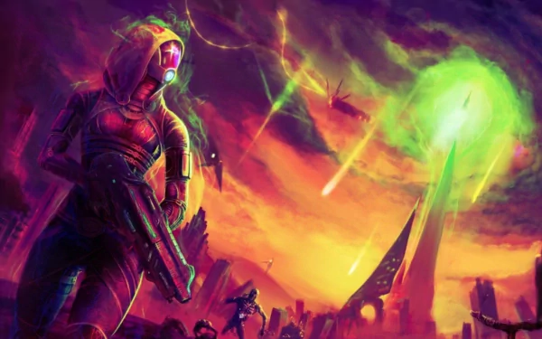 A vibrant HD desktop wallpaper featuring Tali'Zorah from the video game Mass Effect, set against a dramatic cosmic backdrop with dynamic colors and sci-fi elements.