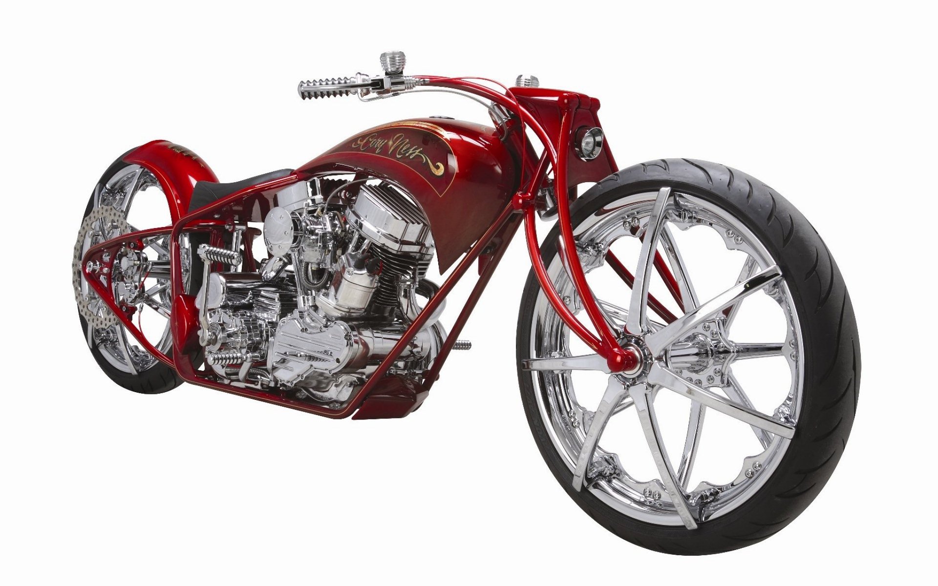 Red custom motorcycle with exposed chrome engine and oversized front wheel — vehicle and motorcycle studio shot, HD PC desktop wallpaper and background.
