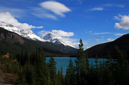 A stunning view of the Canadian Rockies featuring majestic mountains, lush greenery, and a tranquil blue lake under a vibrant sky, showcased in 4K Ultra HD resolution.