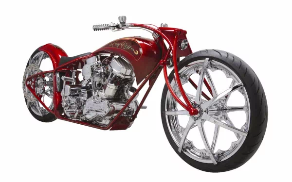 Red custom motorcycle with exposed chrome engine and oversized front wheel — vehicle and motorcycle studio shot, HD PC desktop wallpaper and background.