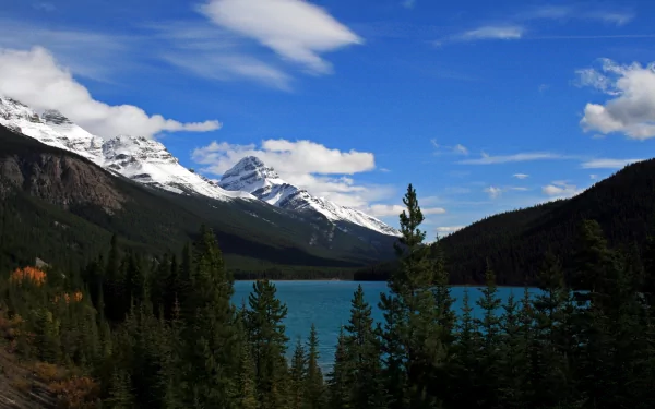 A stunning view of the Canadian Rockies featuring majestic mountains, lush greenery, and a tranquil blue lake under a vibrant sky, showcased in 4K Ultra HD resolution.