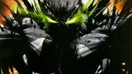 A striking HD desktop wallpaper featuring Spawn from the comic series, showcasing a dark figure with glowing green accents and a dramatic background.