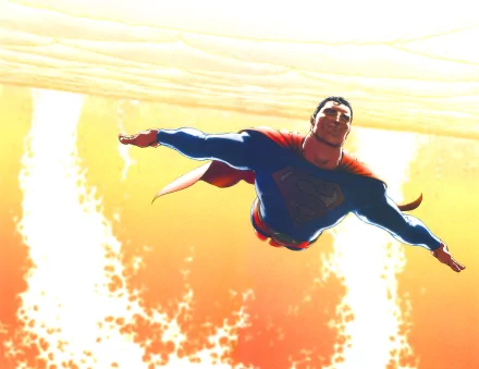 HD PC desktop wallpaper featuring Superman from the comic series All Star Superman, portrayed soaring confidently against a bright, glowing sky.