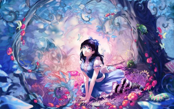 Anime Alice In Wonderland Fantasy Book Mushroom Tree Dress Blue Eyes HD Wallpaper | Background Image