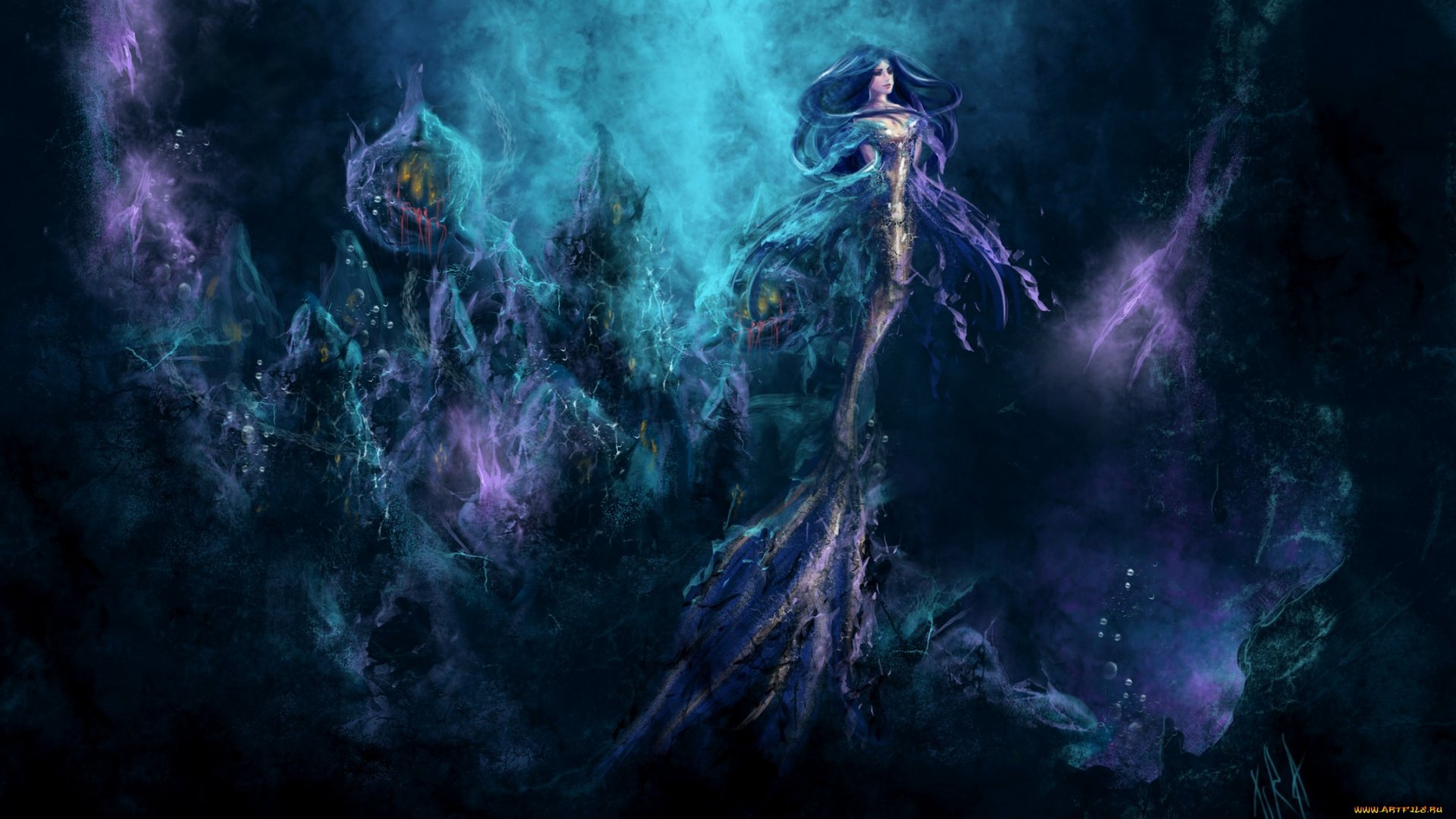 Fantasy-themed HD PC desktop wallpaper depicting a mystical woman emerging from swirling blue and purple smoke in a dark, enchanted environment.