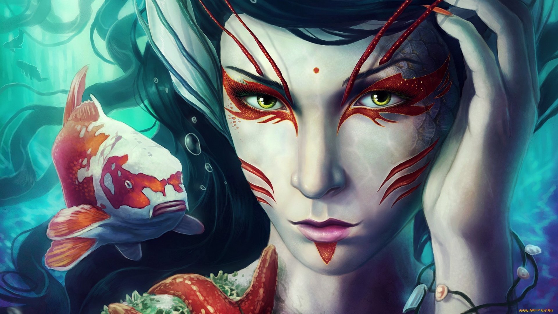 HD desktop wallpaper featuring a fantasy woman with striking makeup and a koi fish. The background showcases an ethereal underwater theme.