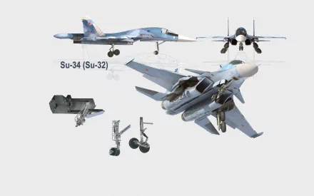 Schematic HD desktop wallpaper featuring the Russian Air Force Sukhoi Su-34 military aircraft from multiple angles with landing gear and weapon details.