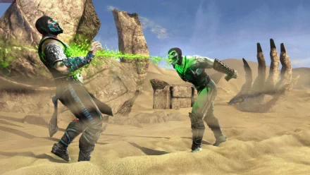 4K Ultra HD Mortal Kombat PC wallpaper showing a desert battle scene with two fighters, one emitting green energy from his hand toward the other.