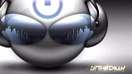 Funny, smiley HD PC desktop wallpaper and background: glossy silver emoticon wearing headphones, power-symbol forehead and reflective sunglasses showing a waveform skyline.
