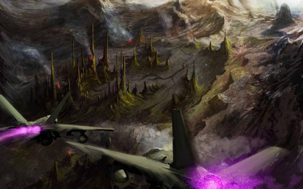 Sci Fi Battle Jet Fighter Aircraft Airplane Fantasy Dark Landscape HD Wallpaper | Background Image