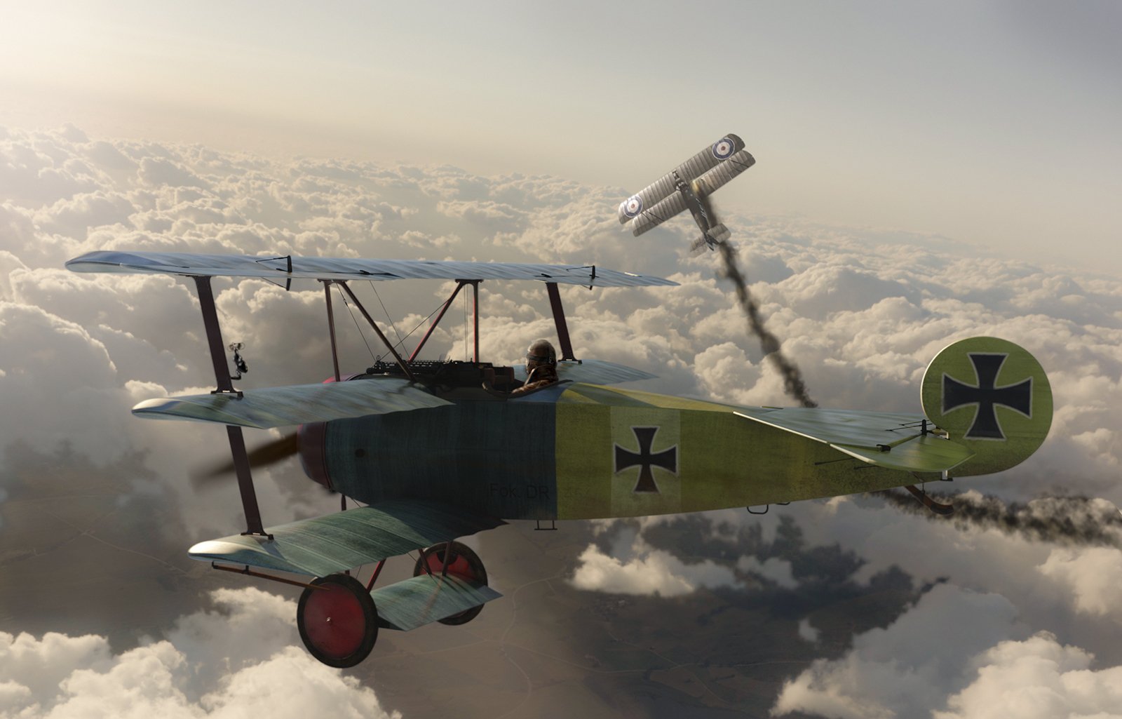 A historic military aircraft flying through clouds, with a trailing smoke effect, showcasing a dynamic aerial scene. This HD image serves as a striking desktop wallpaper.