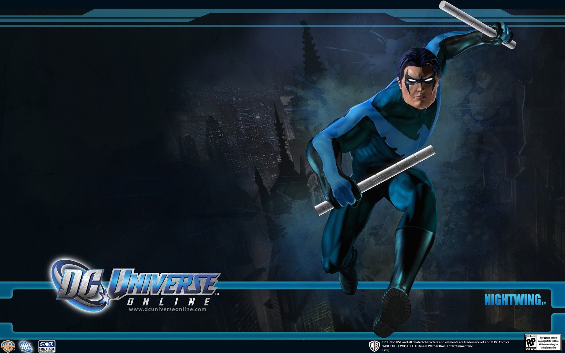 Nightwing in blue-black suit lunges with escrima sticks over a dark city skyline; DC Universe Online video game logo and Nightwing tag at bottom — HD PC desktop wallpaper/background.