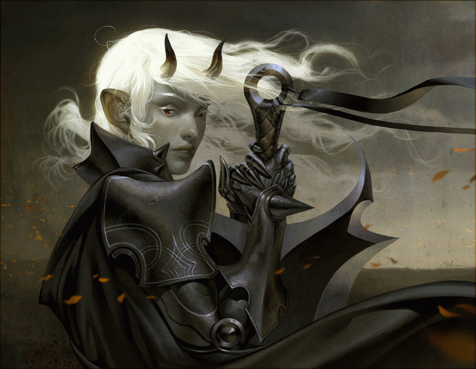 HD PC desktop wallpaper and background: fantasy woman warrior with white hair and small horns, clad in dark armor, gripping a sword beneath a pale moonlit sky.