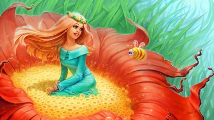 HD fantasy desktop wallpaper featuring a woman with flowing hair and a flower crown sitting inside a giant flower, with a cheerful bee hovering nearby.
