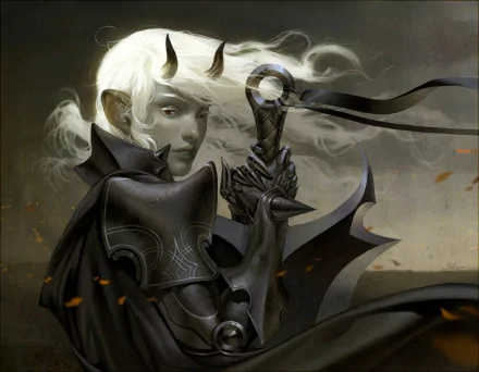 HD PC desktop wallpaper and background: fantasy woman warrior with white hair and small horns, clad in dark armor, gripping a sword beneath a pale moonlit sky.