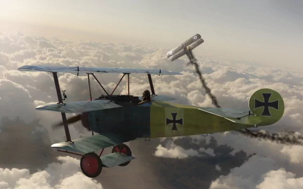 A historic military aircraft flying through clouds, with a trailing smoke effect, showcasing a dynamic aerial scene. This HD image serves as a striking desktop wallpaper.