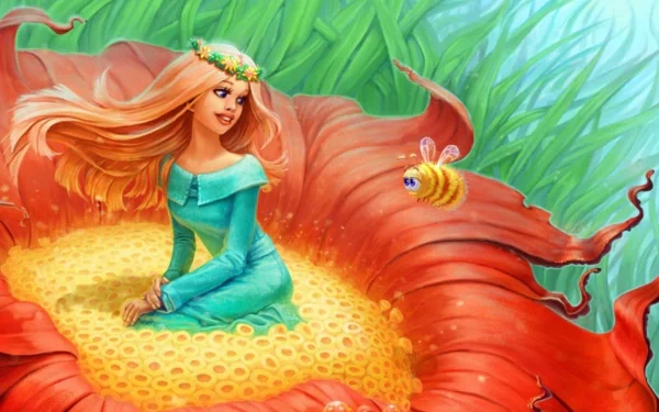 HD fantasy desktop wallpaper featuring a woman with flowing hair and a flower crown sitting inside a giant flower, with a cheerful bee hovering nearby.