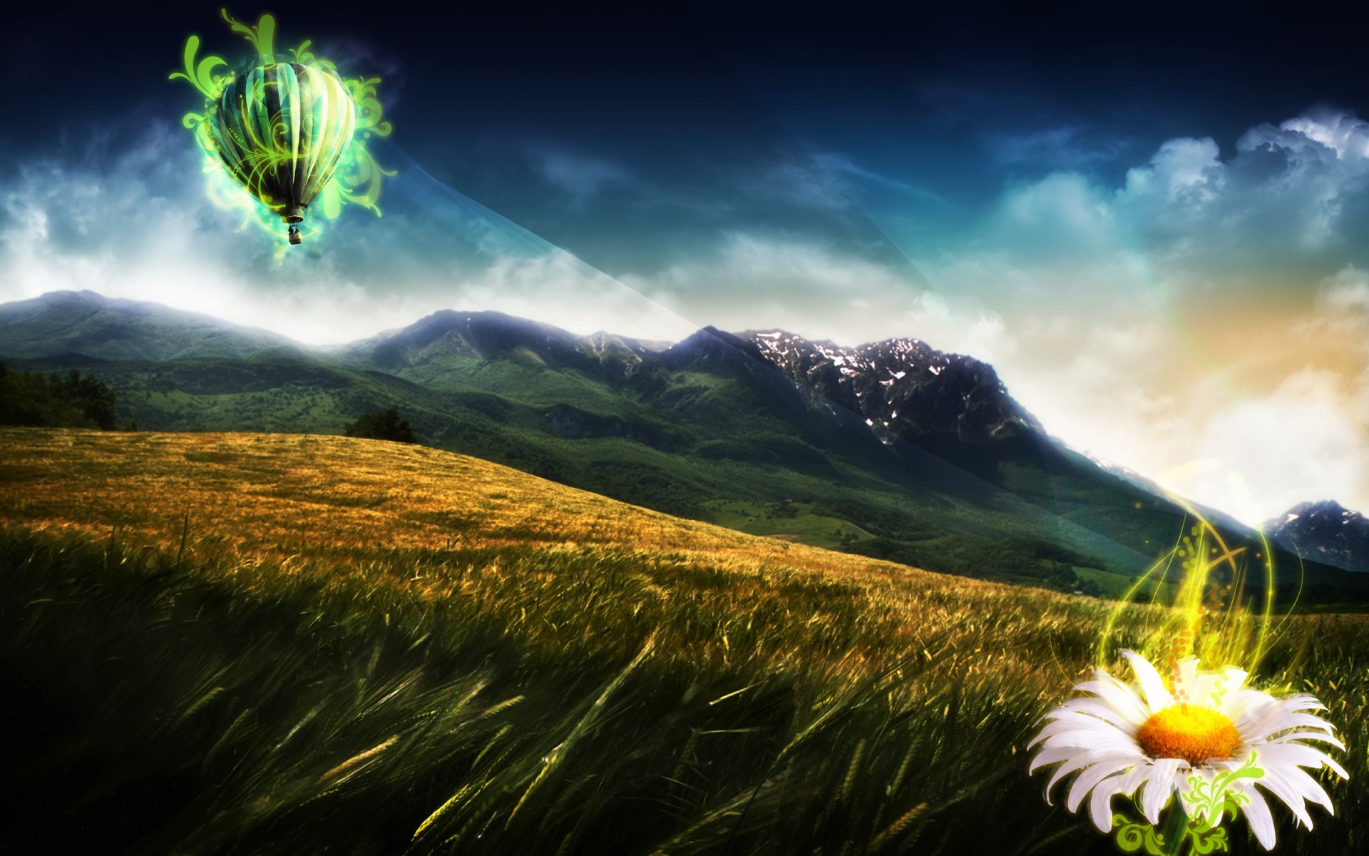 HD PC desktop wallpaper featuring a vibrant landscape with green hills, mountains, a glowing Microsoft-themed emblem, and a radiant daisy, reflecting Windows technology.