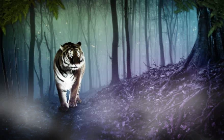 A CGI fantasy HD wallpaper featuring a majestic tiger walking through an enchanting, misty forest.