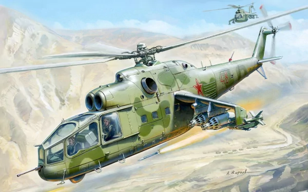 Military Mil Mi-24 helicopter flying over mountainous terrain in a detailed 4K Ultra HD desktop wallpaper and background.