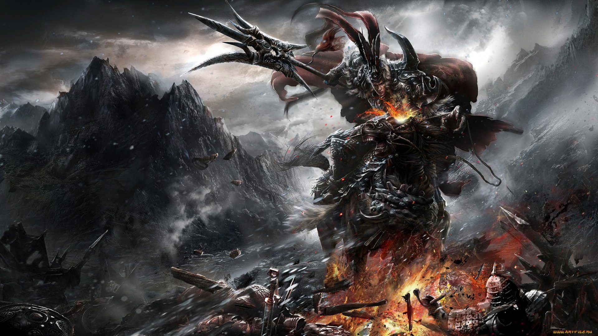 A fierce fantasy warrior clad in dark armor wields a spiked weapon amid a smoky, fiery battlefield with jagged mountains in the background, HD PC desktop wallpaper.