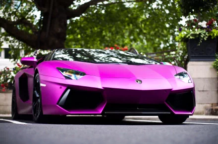 A striking Lamborghini Aventador LP 700-4 in bold purple showcases sleek lines and an aggressive stance, set against a backdrop of lush greenery.