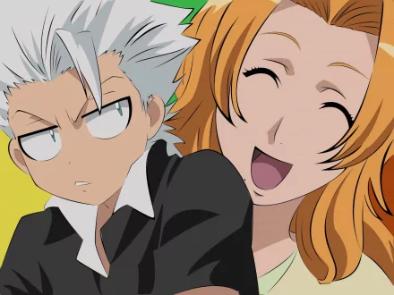 HD PC desktop wallpaper: Bleach anime close-up of Rangiku Matsumoto laughing beside a scowling Tōshirō Hitsugaya.